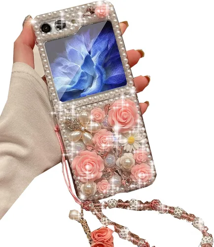 Miniatura 8 de Changjia Funda para Samsung Galaxy Z Flip 5 con brillantina, bonita funda de lujo con diamantes de imitación 3D con diamantes de imitación y flores