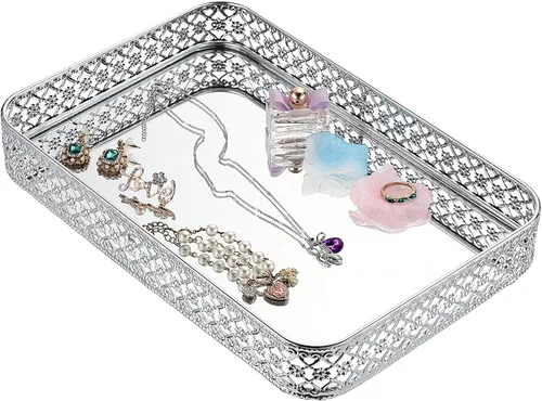Miniatura 8 de ELLDOO Bandeja para Espejo de Perfume de Tocador, Bandeja de Maquillaje, Organizador de Joyería Tallado en Hueco, Bandeja de Almacenamiento de Plata