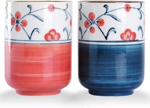 Miniatura 10 de WHJY Juego de 2 tazas de té de cerámica sin asa estilo chino/japonés transicional de 10 oz, patrón de flor de cereza y línea Flower & Line