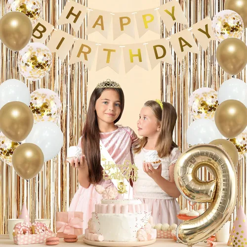 Miniatura 7 de Trgowaul Decoraciones de 9º cumpleaños para niñas, pancarta, banda y corona, decoración de pastel, globo de número 9, cortinas de flecos