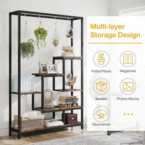 Miniatura 11 de Tribesigns Soporte alto para plantas de interior de 5 niveles, estante grande de metal para plantas de 70.9 pulgadas con 6 ganchos colgantes en S