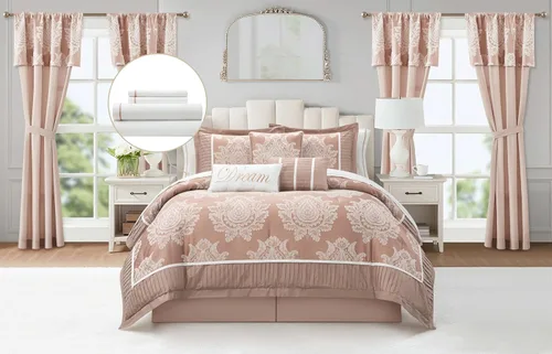 Miniatura 18 de Grand Avenue - Juego de edredón beige tamaño Queen, jacquard con juego de ropa de cama a juego de piezas sólidas, para todas las estaciones, faldón