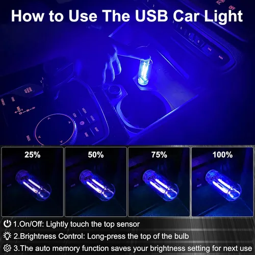 Miniatura 4 de 2 PCS Bombillas de Luz Nocturna USB para Automóvil, Luces Ambientales para Interiores de Automóvil con Atenuación Táctil, Decoraciones de Lámpara