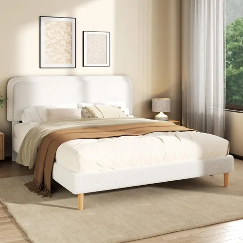 Miniatura 11 de Base de cama de plataforma Boucle tamaño Queen con cabecera ajustable (3 alturas), cama de nube tapizada, esquinas redondeadas suaves, no necesita