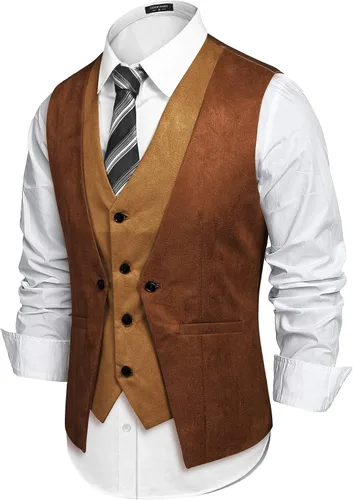 Miniatura 2 de COOFANDY Chaleco de cuero de gamuza para hombre, chaleco de vestir estilo capas, Caqui