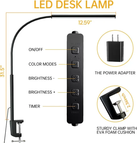 Miniatura 2 de Lámpara de escritorio LED con abrazadera, 5 modos de color y 10 niveles de brillo, luz de escritorio para cuidado de los ojos, cuello de cisne