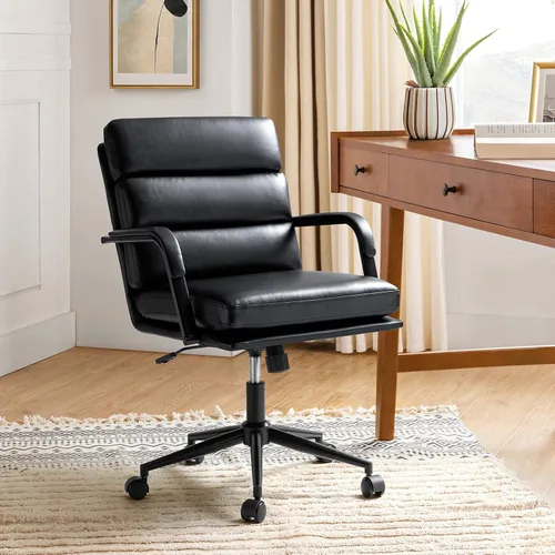 Miniatura 4 de HULALA HOME Silla moderna de piel sintética para oficina en casa con bloqueo de inclinación y base de metal, silla de escritorio con ruedas y cojín