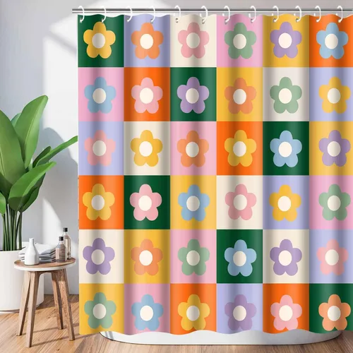 Miniatura 13 de Retro Flower Checkered Shower Curtain Black White Vintage Floral Plaid Fabric Shower Curtians 72x72Inch Washable Groovy Aesthetic Modern Hippie Boho