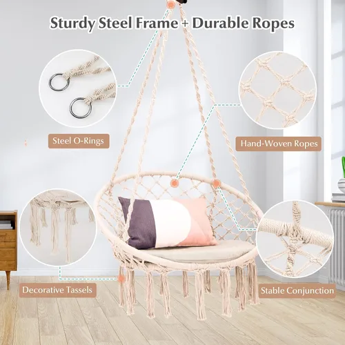 Miniatura 6 de Tangkula Silla hamaca con cojín, estilo bohemio de macramé con kit de accesorios para colgar y correa, columpio de cuerda colgante para interiores