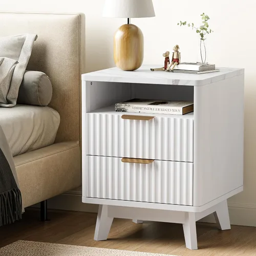 Miniatura 39 de Mesita de noche con 2 cajones de almacenamiento, mesa auxiliar moderna para dormitorio con asa recortada, mesitas de noche grandes para dormitorio