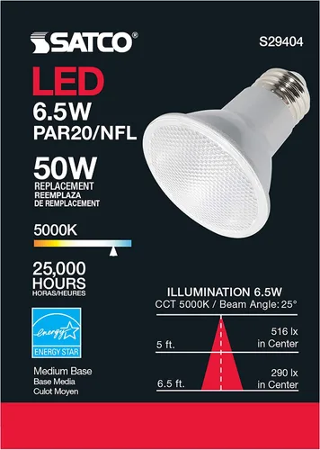 Miniatura 6 de Satco S29404 - Bombillas reflectoras LED PAR20 de 6,5 W, 5000 K, luz diurna, 520 lúmenes, ángulo de haz de 25 lúmenes, 120 voltios, regulable