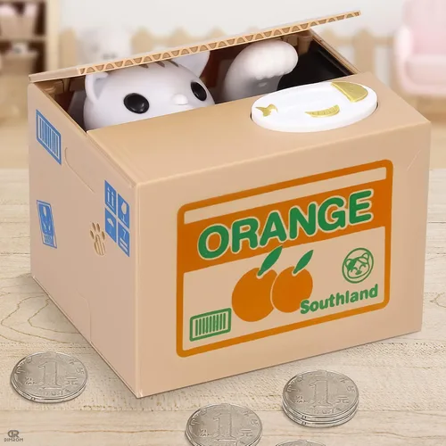 Miniatura 6 de Novedoso banco de monedas para adultos, caja de ahorro de dinero para gatos blancos, decoración de escritorio de oficina en casa, marrón, naranja