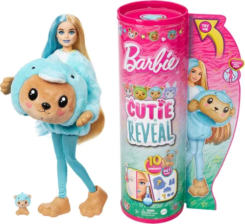 Muñeca Barbie Cutie Reveal y Accesorios con Disfraz de Animal y 10 Sorpresas Incluyendo Cambio de Color, Oso de Peluche como Delfín en Serie