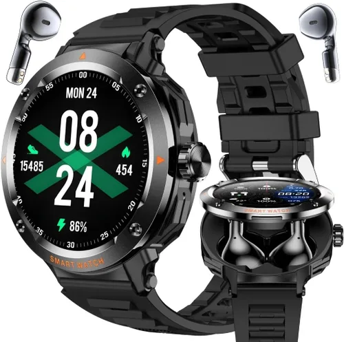 Reloj inteligente 2 en 1 con audífonos, bisel de aleación de zinc, pantalla redonda de 1.46 pulgadas, función de llamada Bluetooth, reproducción de