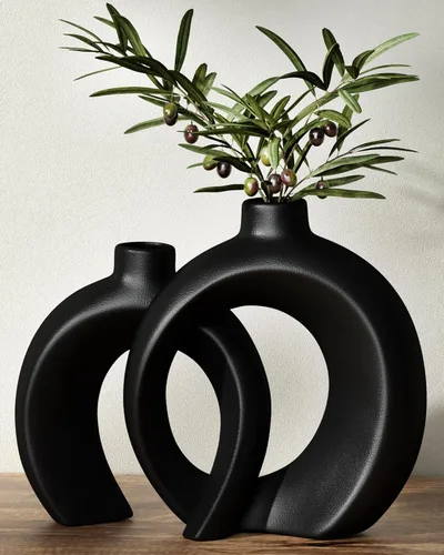 Juego de 2 jarrones redondos con forma de dona - Jarrones minimalistas nórdicos modernos de cerámica en negro mate para oficina en casa, estante de