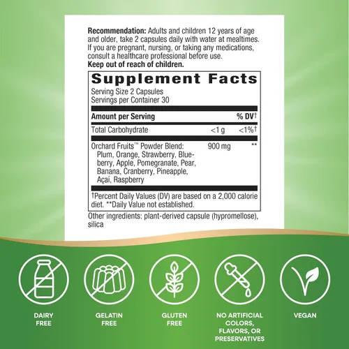 Miniatura 4 de Nature's Way Frutas de huerto, mezcla de polvo de frutas, contiene 12 frutas diferentes, 900 mg por porción de 2 cápsulas, 60 cápsulas