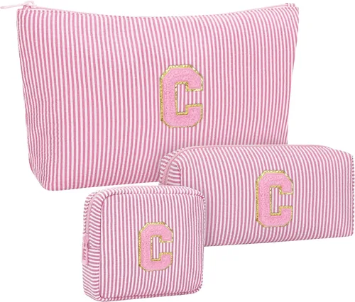 Miniatura 76 de Juego de bolsas de maquillaje con iniciales para niñas y mujeres, bolsa de cosméticos con monograma con soporte para cepillos, estuche de maquillaje