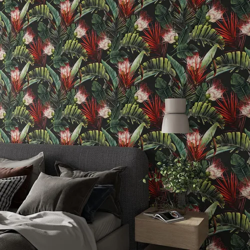 CRE8TIVE Papel tapiz de selva tropical oscuro, 24 x 118 pulgadas, papel tapiz floral para despegar y pegar, papel de pared botánico de hoja de