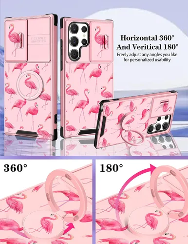 Miniatura 4 de Funda 2 en 1 para Samsung Galaxy S23 Ultra Flamingo para mujeres y niñas, diseño femenino de flamencos con cubierta deslizante para cámara y soporte