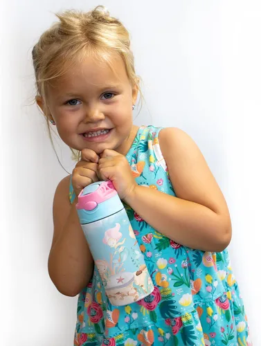 Miniatura 5 de All-Star Sports – Diseño rosa – Botella de agua pequeña de 12 onzas con popote de silicona desplegable – Personalizar con nombre – Aislamiento