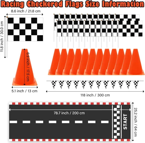 Miniatura 2 de Windspeed Suministros para fiestas de autos de carreras, juego de 38 piezas: 24 banderas a cuadros, 12 mini conos de tráfico, alfombra de hipódromo