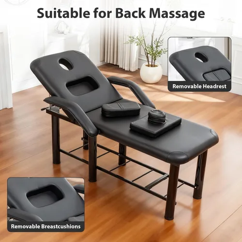 Miniatura 6 de Mesa de masaje estacionaria, cama de masaje con estante de almacenamiento, cama facial de spa con cojines para el pecho y reposacabezas extraíbles