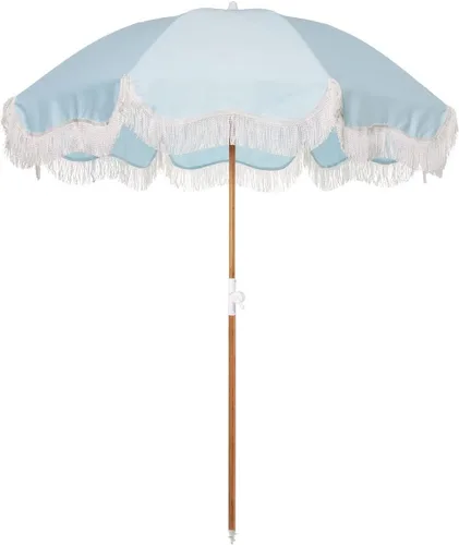 Miniatura 11 de Business & Pleasure Co. Sombrilla Holiday - Sombrilla de playa bohemia con flecos blancos, UPF 50+, poste de madera inclinable de 1", 5' x 6.5', oro