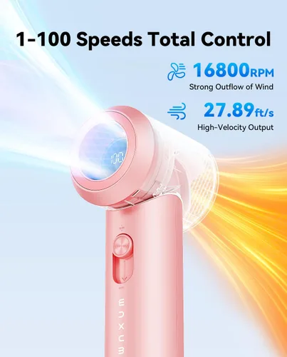 Miniatura 4 de MUXNW Ventilador portátil de mano: Mini ventilador turbo ajustable de velocidad (1-100), recargable de 1800 mAh, pantalla LED, para viajes, Rosa