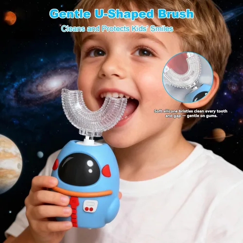 Miniatura 4 de FTOYIN Cepillo de dientes eléctrico para niños, cepillo de dientes en forma de U con 4 cabezales de cepillo, limpieza ultrasónica de 360°, 5 modos