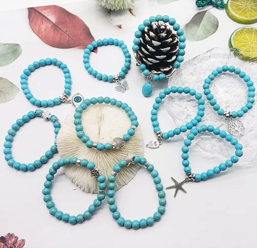 Miniatura 7 de CASDAN 10 pulseras de cuentas redondas de piedra turquesa de 0.315in para mujeres y hombres, pulseras de cuentas elásticas de cristal curativo