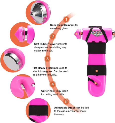 Miniatura 2 de THINKWORK Martillo de seguridad para automóvil de regalo para mujeres, herramienta tres en uno con rompeventanas y cortador de cinturón de 2-Rosa