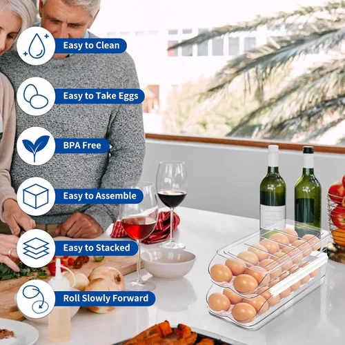 Miniatura 6 de MesRosa Soporte para huevos para nevera, organizador automático de huevos enrollable para refrigerador, contenedor y bandeja de huevos de plástico