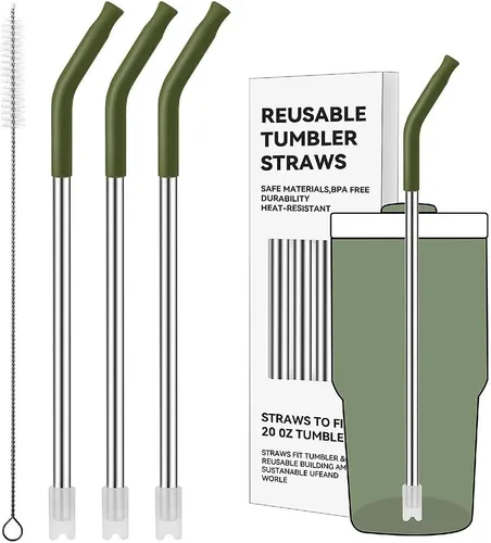 Miniatura 37 de Pajitas de metal rectas para vaso Stanley de 40 onzas, paquete de 3 popotes reutilizables de acero inoxidable con puntas de silicona y cepillo Gris
