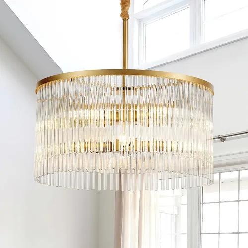 Miniatura 10 de 23.6" Lámparas de araña doradas modernas, candelabro de vidrio redondo de 2 niveles para comedor, 12 luces, lámparas colgantes para vestíbulo