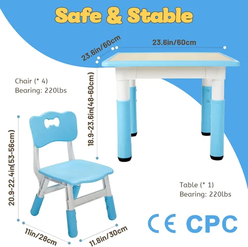 Miniatura 6 de FUNLIO Juego de mesa y 2 sillas para niños, Juego de mesa y silla ajustables en altura para niños de 3 a 8 años, Mesa fácil de limpiar para Azul