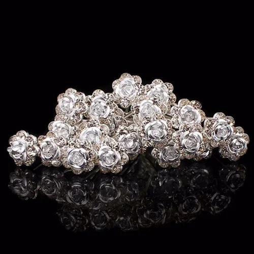Miniatura 4 de 20pcs Rhinestone Rose Flower Hair Bobby Pin Crystal Bride Wedding Metal Clip de pelo Decoración U forma joyería accesorios, Cabello de cristal