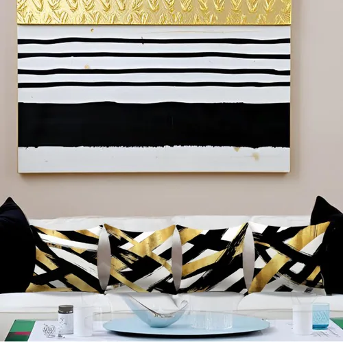 Miniatura 6 de Juego de 4 fundas de almohada negras y doradas, fundas de almohada de 18 x 18 pulgadas, almohadas geométricas abstractas a rayas para decoración