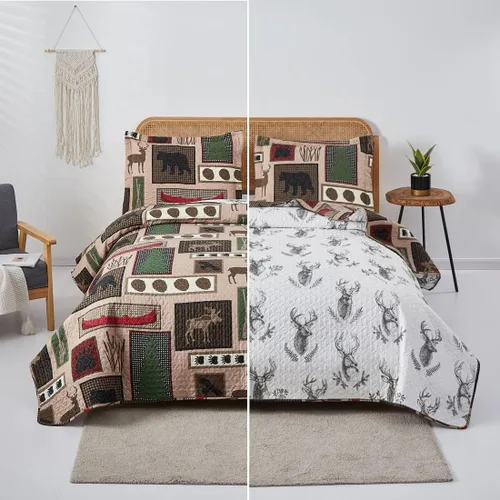 Miniatura 12 de Juego de edredón rústico de alce tamaño matrimonial/queen, colcha estilo lodge ligera de verano para cabaña, ropa de cama de campo, oso del bosque