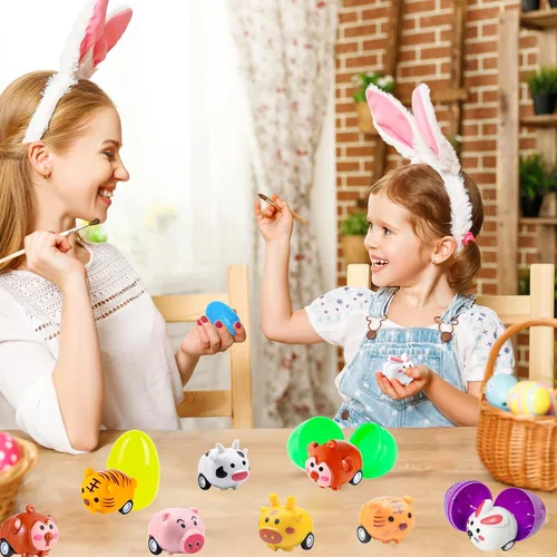 Miniatura 6 de BAINFE 12 huevos de Pascua con juguetes de automóvil para tirar hacia atrás, huevos de plástico con vehículos de animales de dibujos animados