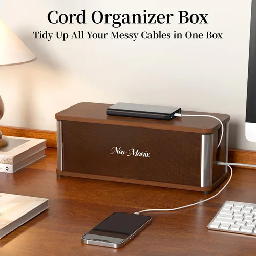Miniatura 6 de Delamu Caja de organización de cables de madera, caja organizadora de cables de escritorio de aspecto retro para oficina en casa, caja oculta cables