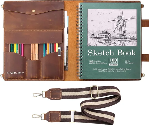 Robrasim Funda de Cuaderno de Bocetos de Cuero Hecha a Mano, Soporte para Bloc de Bocetos de Artista para Cuaderno de Bocetos de 9"X12", Libro de