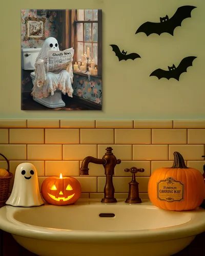 Miniatura 3 de QPVXSST Arte de Pared Interesante de Fantasma de Halloween para Baño, Póster Impreso en Lienzo de Estilo Gótico, Decoración de Baño con Diseño