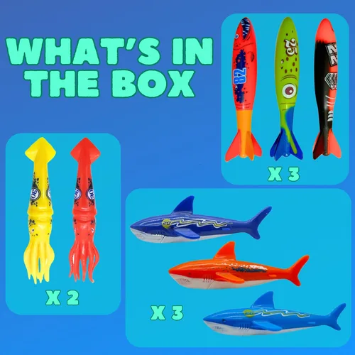 Miniatura 2 de Haktoys Juego de juguetes de buceo para piscina con torpedo de tiburón submarino, juguetes de buceo de calamar y sumideros de entrenamiento