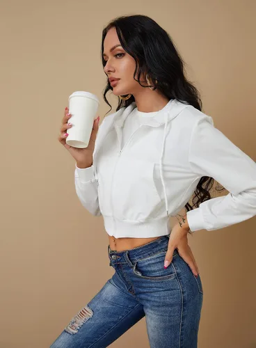 Miniatura 4 de Sudaderas con capucha y cremallera para mujer, chaqueta recortada, con cordón, sudadera casual de manga larga