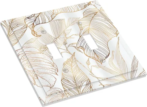 Miniatura 3 de Placa de pared decorativa con hojas de palmera tropicales de oro blanco, hoja de plátano, doble interruptor de luz de palanca decorativa, placa