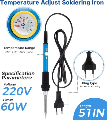 Miniatura 4 de Kit de soldador, herramienta de soldadura de temperatura ajustable de 60 W 220 V, incluye 5 puntas de repuesto, hierro de soldadura de ajuste