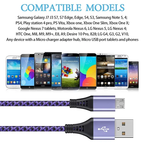 Miniatura 7 de Cable Micro USB, [4 unidades/3 pies] Cable de carga USB para Android macho a micro B, cable de datos de alta velocidad de carga Nylon trenzado