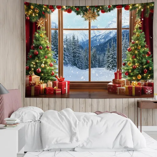LB Tapiz de Navidad de invierno, ventana de invierno exterior, pino nevado en bosque, tapiz de pared para dormitorio, paisaje de montaña, arte de