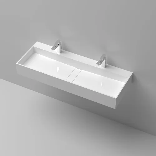 Miniatura 5 de Lavabo doble de resina de piedra para baño de montaje en pared de 47 pulgadas tipo artesa con 2 orificios para grifo (blanco brillante)
