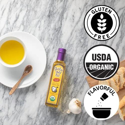 Miniatura 4 de Garlic Gold Aceite de oliva virgen extra infundido con ajo, certificado orgánico USDA premium, bajo FODMAP, prensado en frío (8.5 fl oz, 2 unidades)